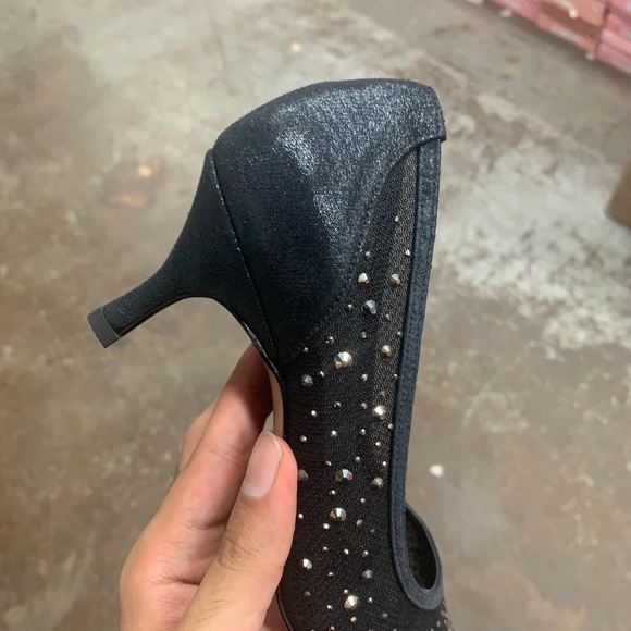 Women’s Crystal Embellished Kitten Heel Pumps in Black Mesh and Faux Leather - Picture 4 of 8